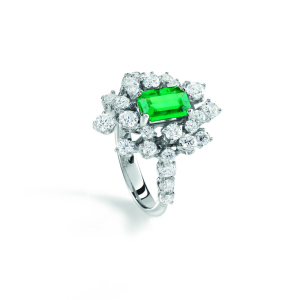 Damiani pierścionek Mimosa z diamentami i szmaragdem 18K białego złota r. 13