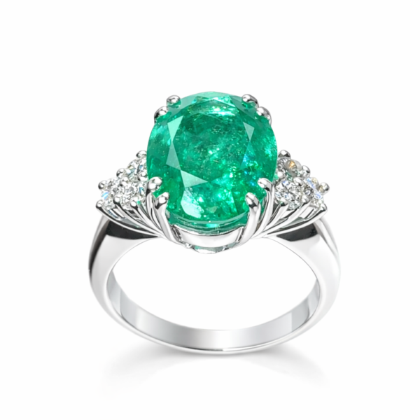 Pierścionek Hermitage ze szmaragdem i diamentami z 18K białego złota r.16