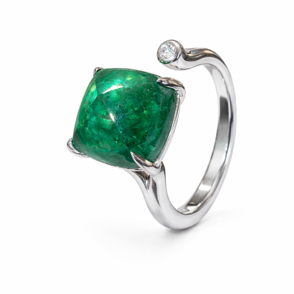 Pierścionek Hermitage ze szmaragdem i diamentem z 18K białego złota r.55
