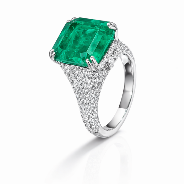 Pierścionek Hermitage ze szmaragdem i diamentami z 18K białego złota r.13