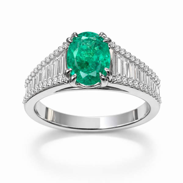 Pierścionek Hermitage ze szmaragdem z 18K białego złota r.13