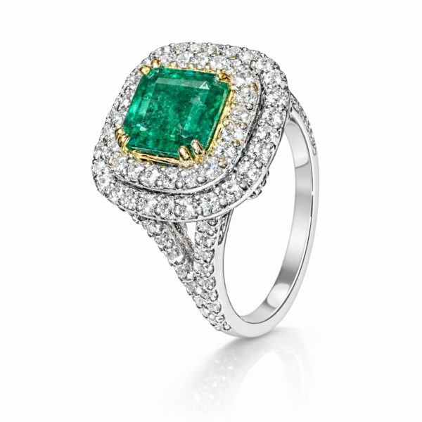 Pierścionek Hermitage ze szmaragdem i diamentami z 18K białego złota r.16