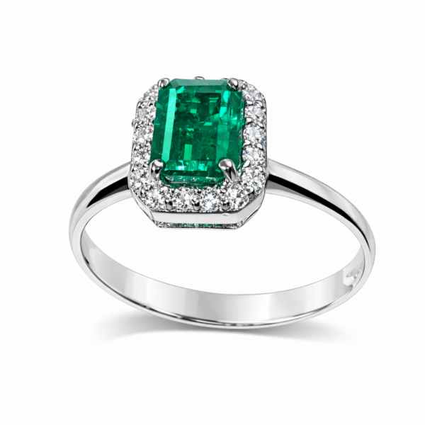 Pierścionek Hermitage ze szmaragdem i diamentami z 18K białego złota r.15