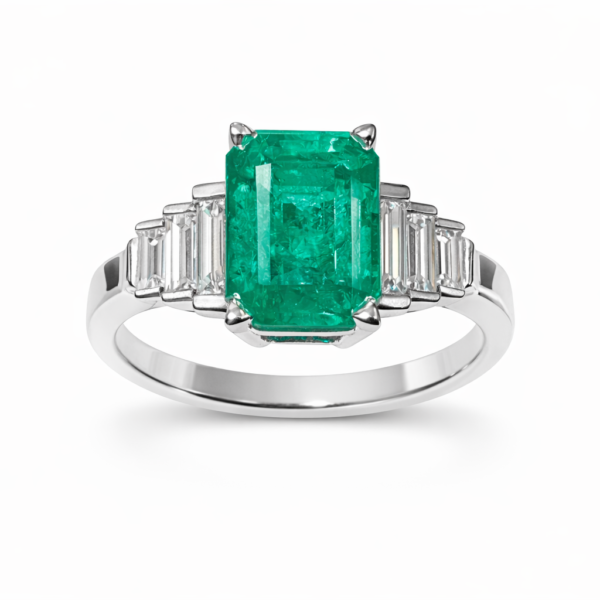 Pierścionek Hermitage ze szmaragdem i diamentami z 18K białego złota r.14