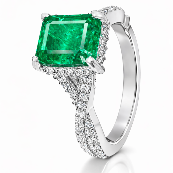 Pierścionek Hermitage ze szmaragdem oraz diamentami z 18K białego złota r.15