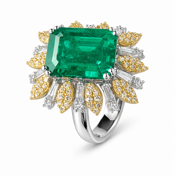 Pierścionek Hermitage ze szmaragdem i diamentami z 18K białego i żółtego złota r.14