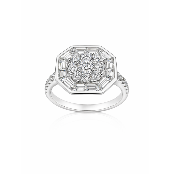 Pierścionek Hermitage z Invisible Oktagon z diamentami z 18K białego złota r.15